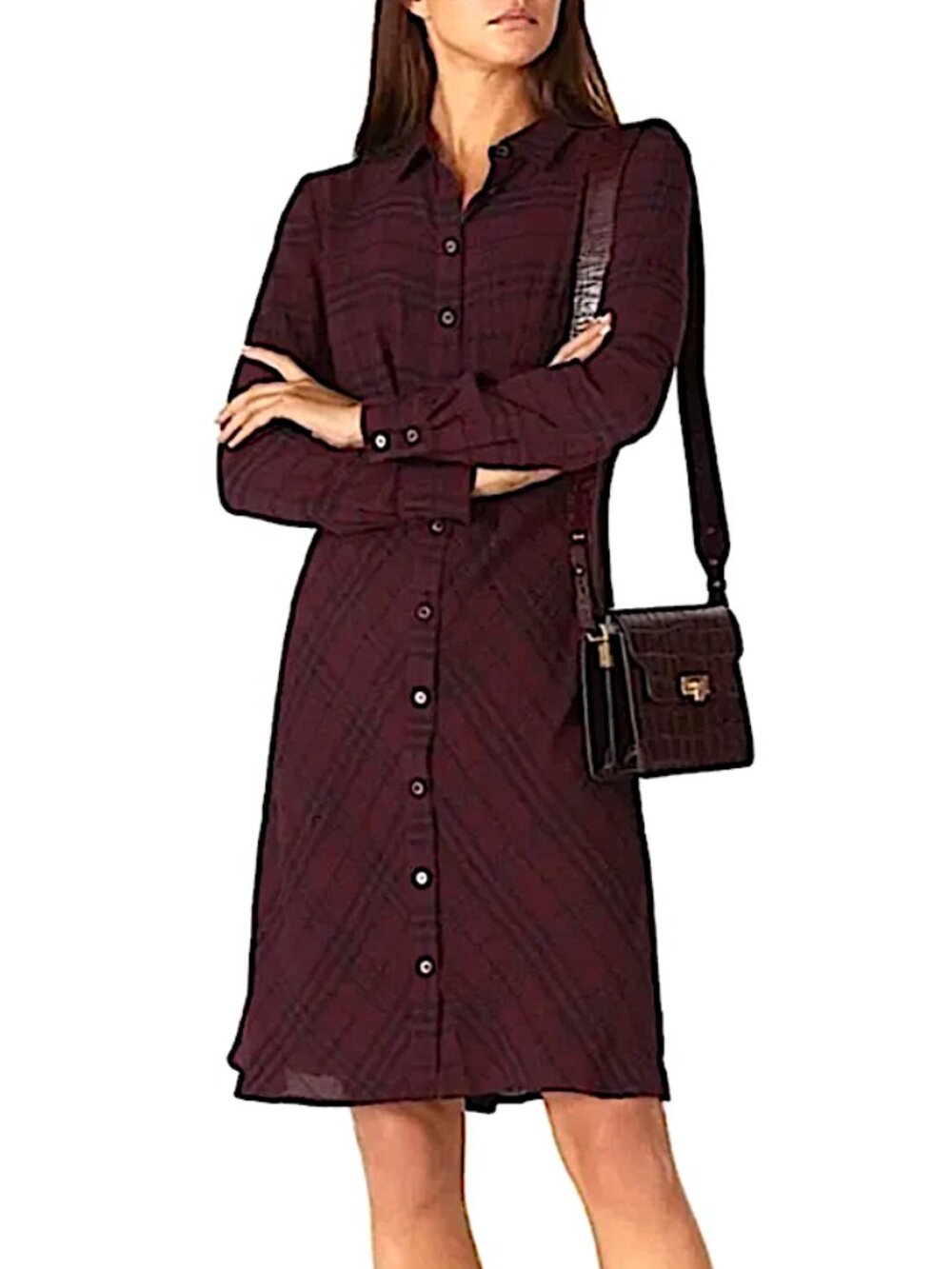 THAKOON COLLECTIVE Crinkle Crepe Plaid Dark Academia ShirtDress Maroon Designer